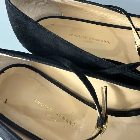 Jennifer Chamandi Black Suede with Calf-hair Lorenzo Point-toe Flats, Size 39.5