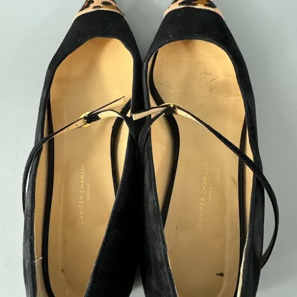 Jennifer Chamandi Black Suede with Calf-hair Lorenzo Point-toe Flats, Size 39.5