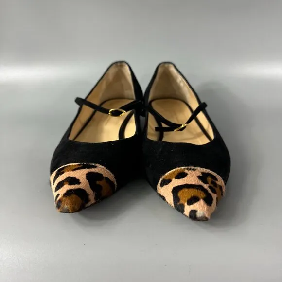 Jennifer Chamandi Black Suede with Calf-hair Lorenzo Point-toe Flats, Size 39.5