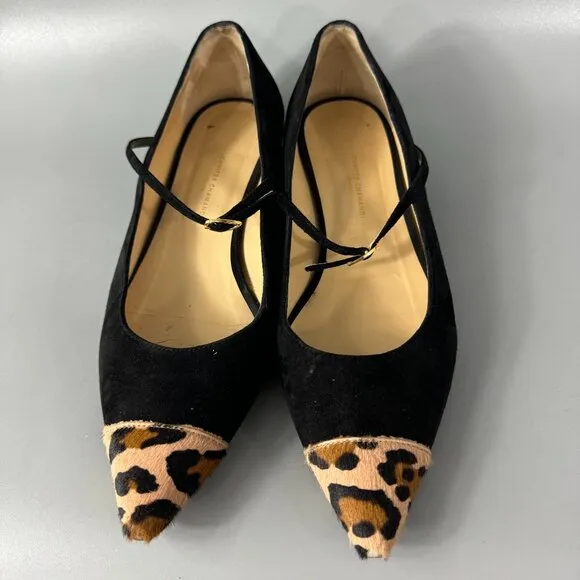 Jennifer Chamandi Black Suede with Calf-hair Lorenzo Point-toe Flats, Size 39.5