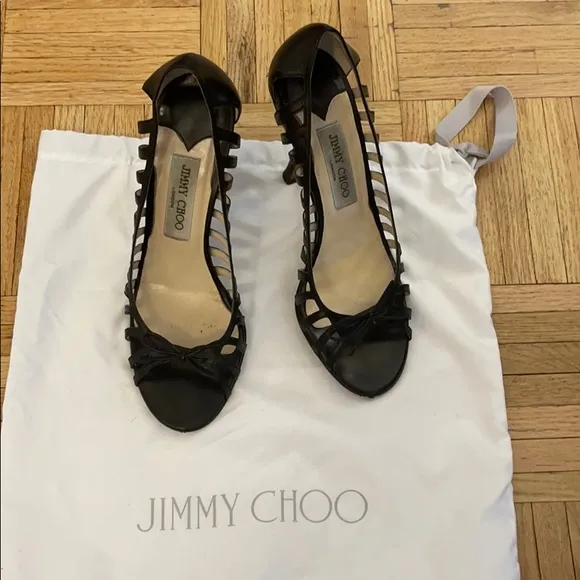 Jimmy Choo black peep toe cut out sandals with bow