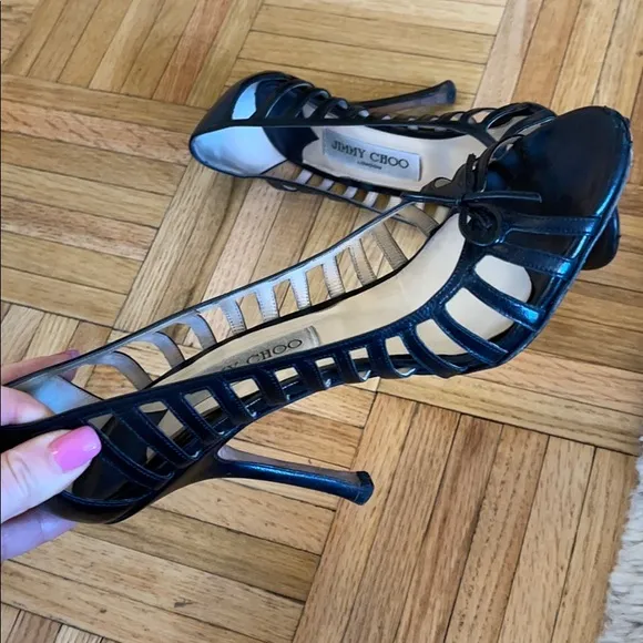 Jimmy Choo black peep toe cut out sandals with bow