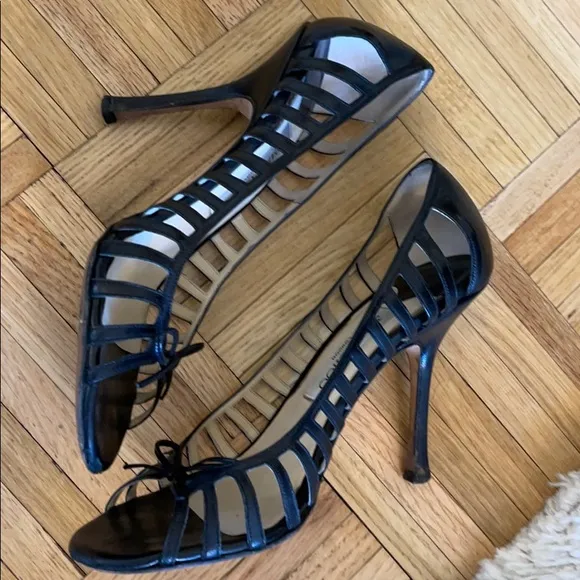 Jimmy Choo black peep toe cut out sandals with bow