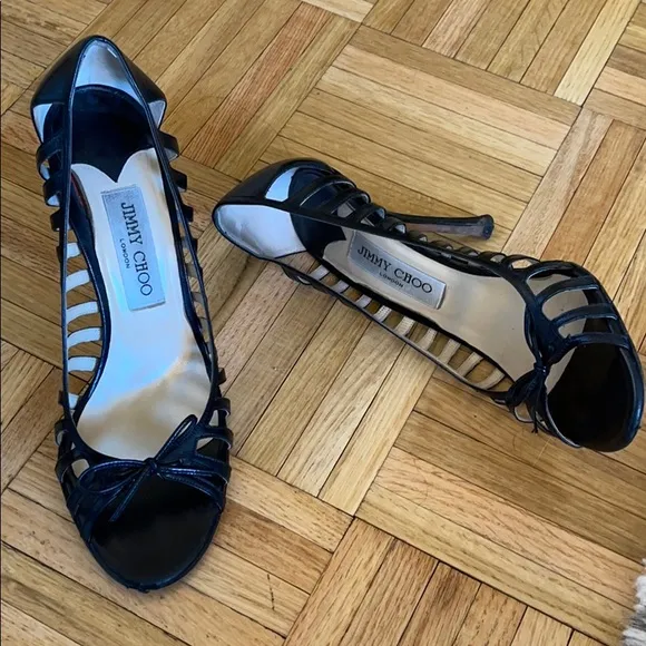 Jimmy Choo black peep toe cut out sandals with bow