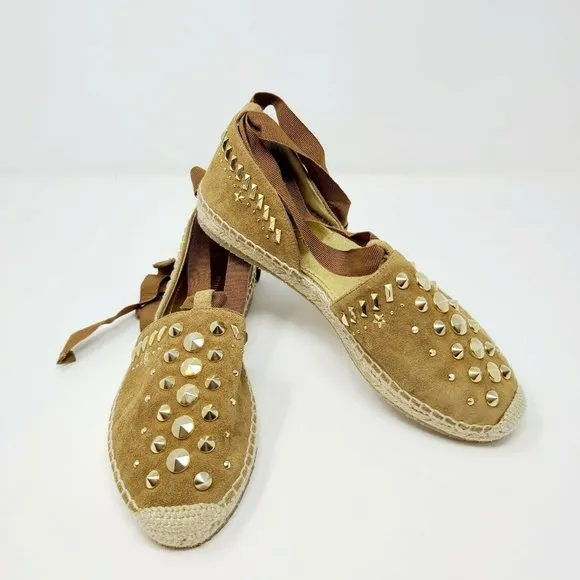 Jimmy Choo Brown Suede Gold Studded Lace Up Flats Espadrille
