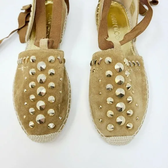 Jimmy Choo Brown Suede Gold Studded Lace Up Flats Espadrille