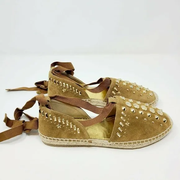 Jimmy Choo Brown Suede Gold Studded Lace Up Flats Espadrille