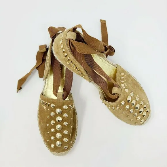 Jimmy Choo Brown Suede Gold Studded Lace Up Flats Espadrille