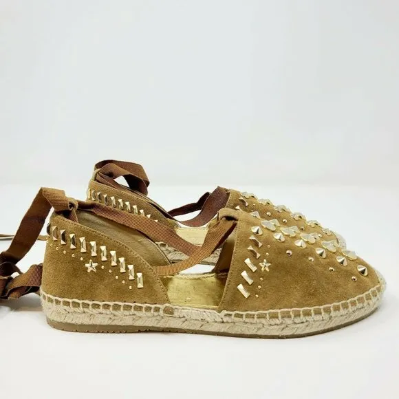 Jimmy Choo Brown Suede Gold Studded Lace Up Flats Espadrille