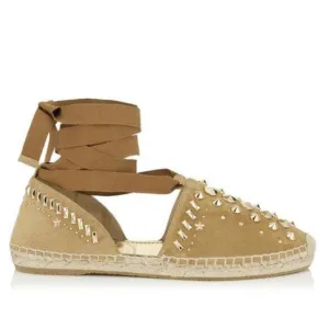 Jimmy Choo Brown Suede Gold Studded Lace Up Flats Espadrille