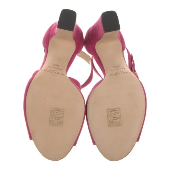 Jimmy Choo Carrie  Cross Over Pink Suede Block Heels Strappy Sandals size 36.5