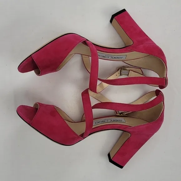Jimmy Choo Carrie  Cross Over Pink Suede Block Heels Strappy Sandals size 36.5