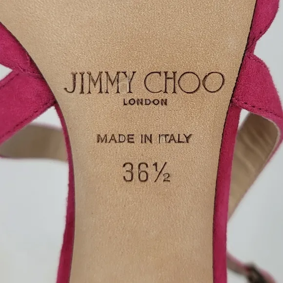Jimmy Choo Carrie  Cross Over Pink Suede Block Heels Strappy Sandals size 36.5