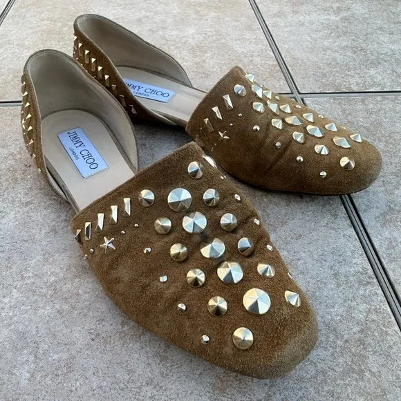 Jimmy Choo Suede Globe Dorsay Studded Flats