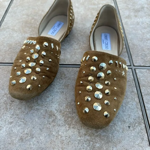 Jimmy Choo Suede Globe Dorsay Studded Flats