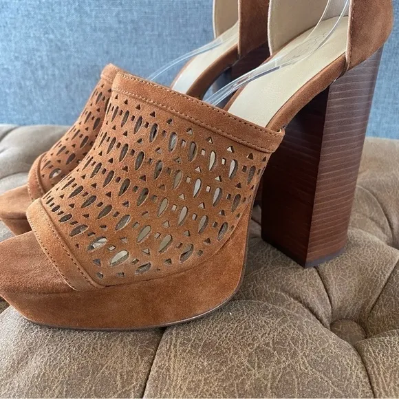 Joe’s Brown Leather Laser Cut Platform Chunky Sandals 9