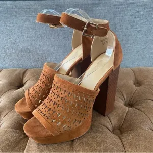 Joe’s Brown Leather Laser Cut Platform Chunky Sandals 9