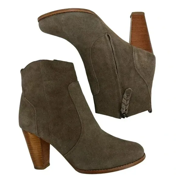 Joie Dalton Suede Leather Side Zip Block High Heel Boot Tan Booties Size 11 US