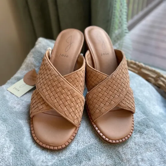 Joie Leather Woven Sandals Cross Band Mule/Slide Mid Block Heel - Size 8 - NWT