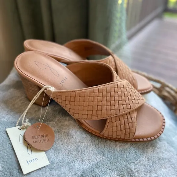 Joie Leather Woven Sandals Cross Band Mule/Slide Mid Block Heel - Size 8 - NWT