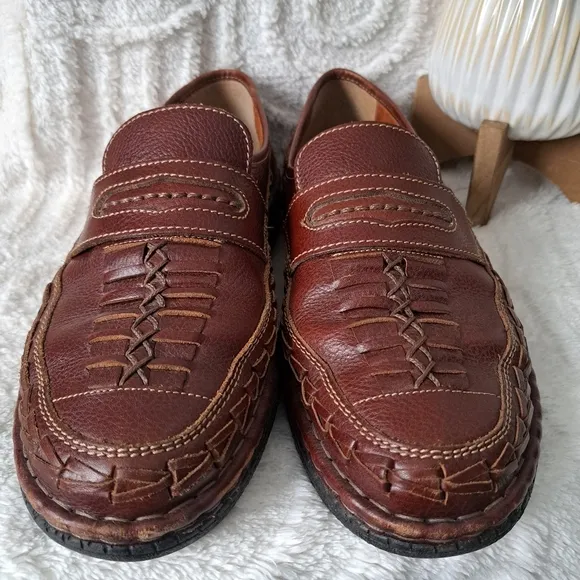 Josef Seibel Loafers Fisherman Shoes Brown Woven Leather Slip On  Men's 12.5