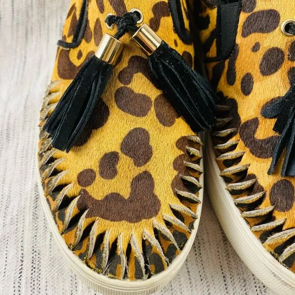 J/Slides Calf Hair Animal Print Slip On Tassle Loafers Flats Size 7.5