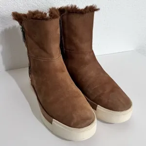 J/Slides NYC Victory Brown Nubuck Leather Faux Fur Lined Ankle Boots 7.5