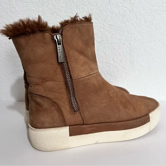 J/Slides NYC Victory Brown Nubuck Leather Faux Fur Lined Ankle Boots 7.5