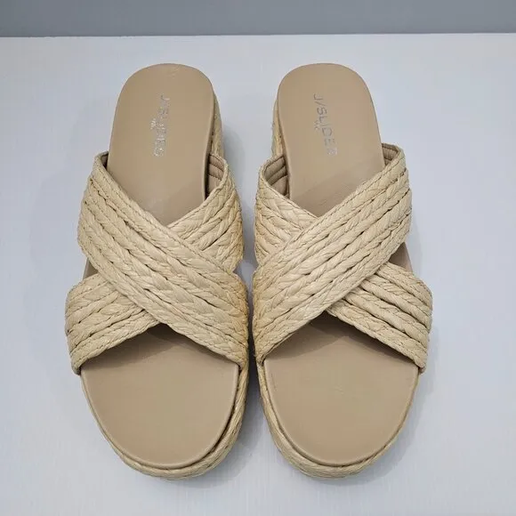 J/Slides Quiver Sandal Platform Wedge Chunky Slide Natural Woven Raffia Size 11