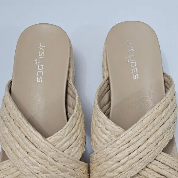 J/Slides Quiver Sandal Platform Wedge Chunky Slide Natural Woven Raffia Size 11