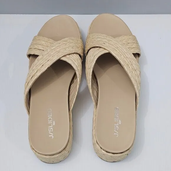 J/Slides Quiver Sandal Platform Wedge Chunky Slide Natural Woven Raffia Size 11