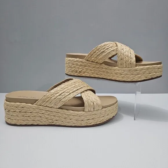 J/Slides Quiver Sandal Platform Wedge Chunky Slide Natural Woven Raffia Size 11