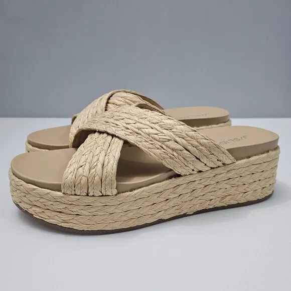 J/Slides Quiver Sandal Platform Wedge Chunky Slide Natural Woven Raffia Size 11