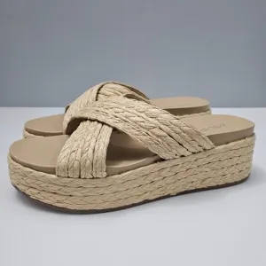 J/Slides Quiver Sandal Platform Wedge Chunky Slide Natural Woven Raffia Size 11