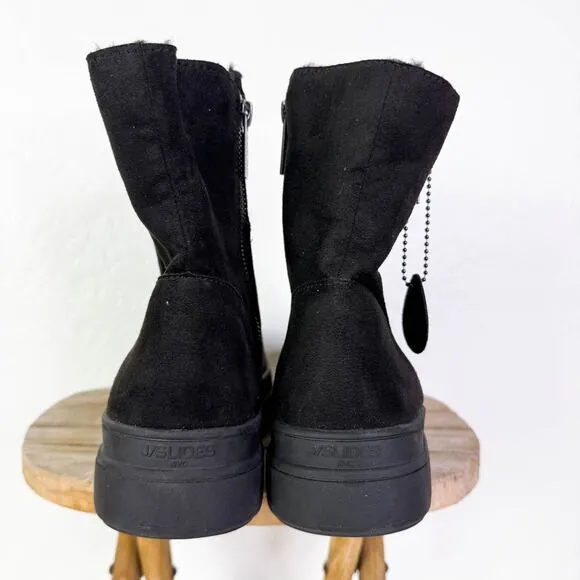 J/Slides Truly Faux Fur Lined Suede Zip Henley Platform Booties Black Sz 7.5 NEW