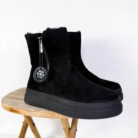 J/Slides Truly Faux Fur Lined Suede Zip Henley Platform Booties Black Sz 7.5 NEW
