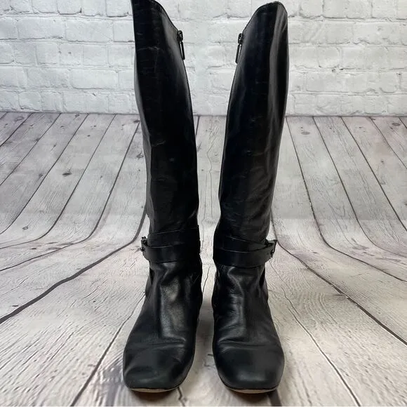 KARL LAGERFELD black leather side zip round heel riding boots, size 8.5