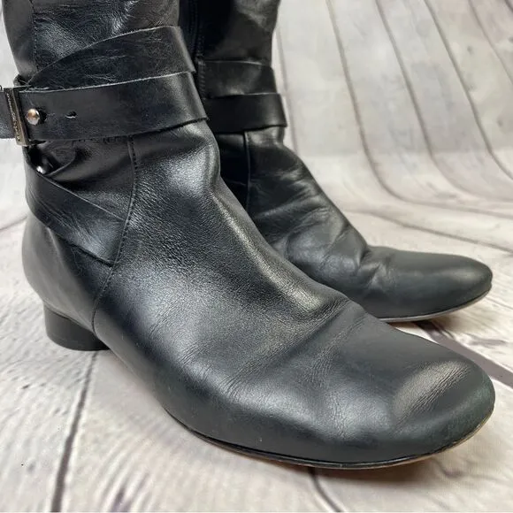 KARL LAGERFELD black leather side zip round heel riding boots, size 8.5