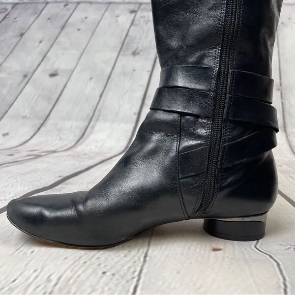 KARL LAGERFELD black leather side zip round heel riding boots, size 8.5