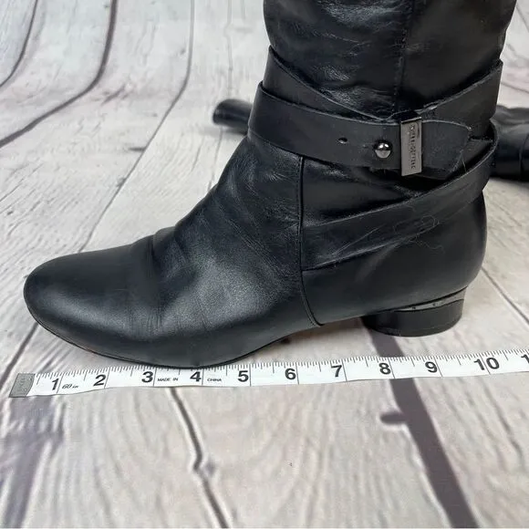 KARL LAGERFELD black leather side zip round heel riding boots, size 8.5