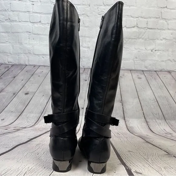 KARL LAGERFELD black leather side zip round heel riding boots, size 8.5