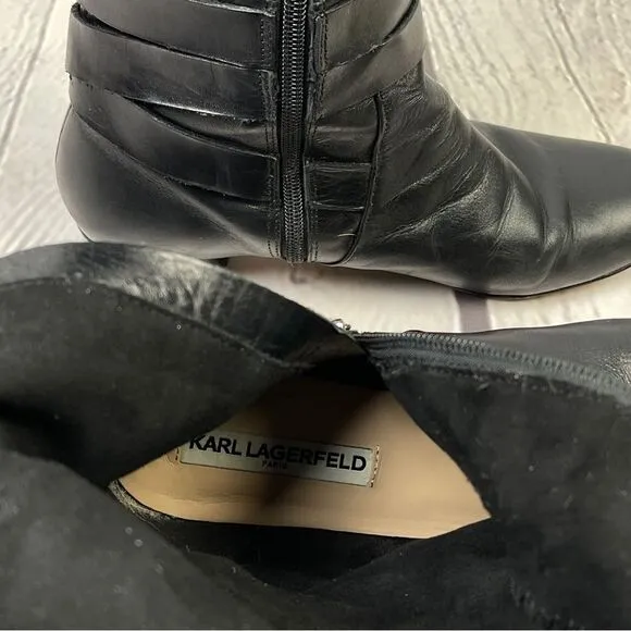KARL LAGERFELD black leather side zip round heel riding boots, size 8.5