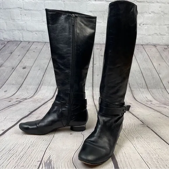 KARL LAGERFELD black leather side zip round heel riding boots, size 8.5