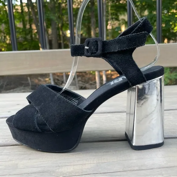 Karl Lagerfeld black suede &amp; silver chunky heel platform ankle strap sandals 38