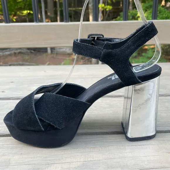 Karl Lagerfeld black suede &amp; silver chunky heel platform ankle strap sandals 38
