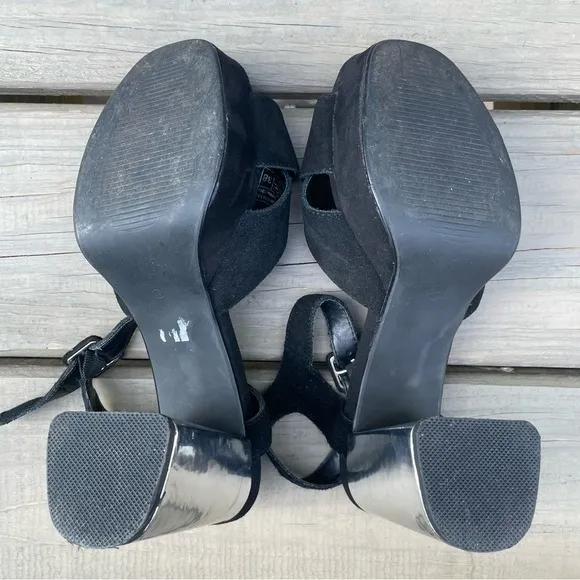 Karl Lagerfeld black suede &amp; silver chunky heel platform ankle strap sandals 38