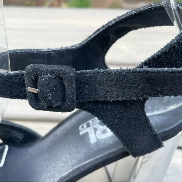 Karl Lagerfeld black suede &amp; silver chunky heel platform ankle strap sandals 38