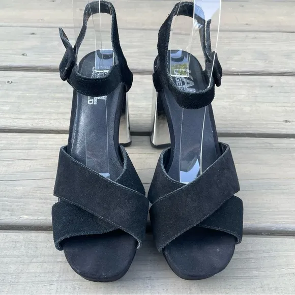 Karl Lagerfeld black suede &amp; silver chunky heel platform ankle strap sandals 38