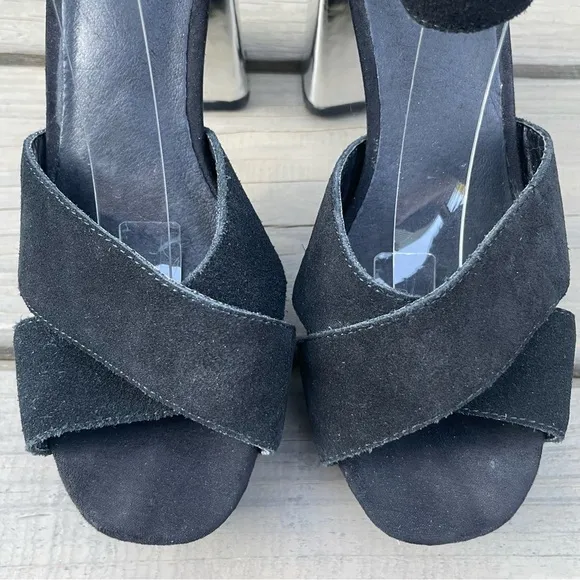 Karl Lagerfeld black suede &amp; silver chunky heel platform ankle strap sandals 38