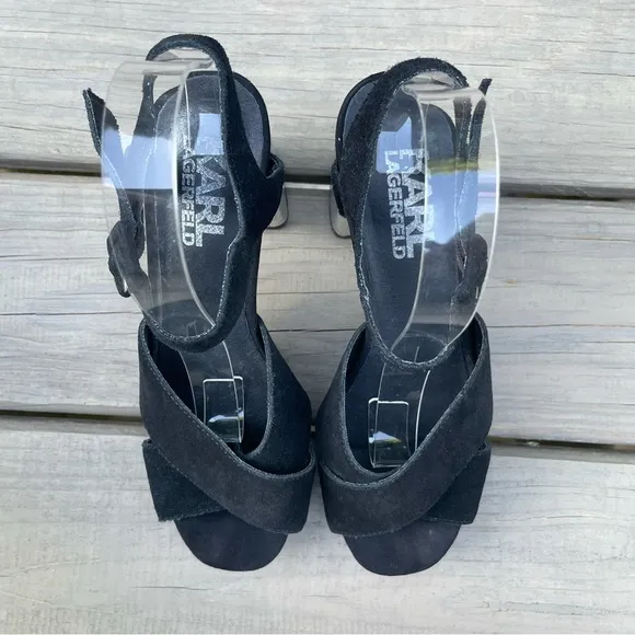Karl Lagerfeld black suede &amp; silver chunky heel platform ankle strap sandals 38